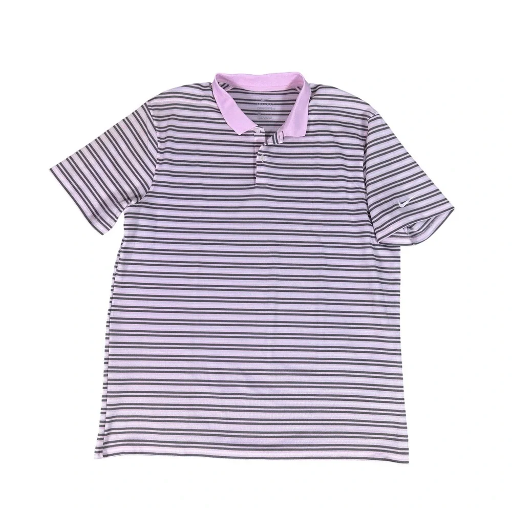 Nike Men's Golf Polo‎ Shirt Pink Grey Stripe Dri-FIT Standard Fit Size XL